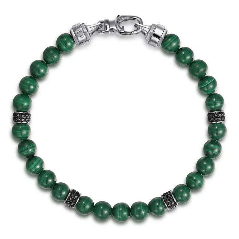 925 Sterling Silver Black Spinel and Malachite 6mm Beaded Bracelet