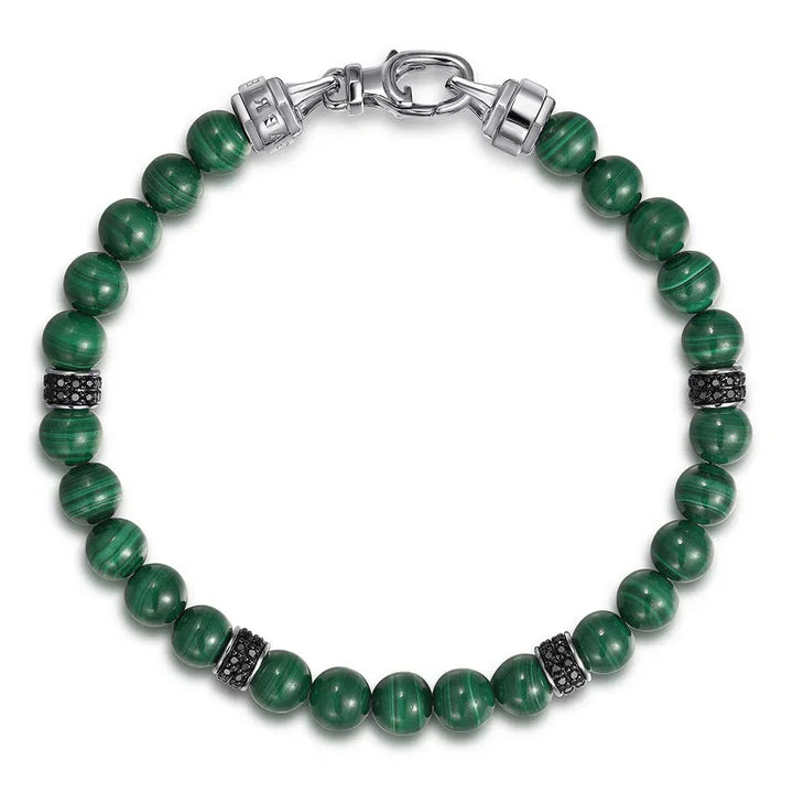 925 Sterling Silver Black Spinel and Malachite 6mm Beaded Bracelet