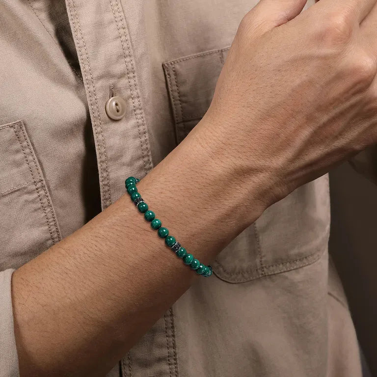 925 Sterling Silver Black Spinel and Malachite 6mm Beaded Bracelet