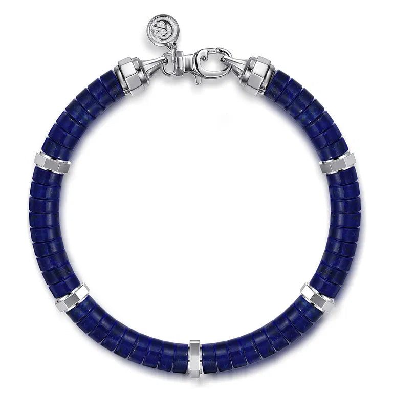 925 Sterling Silver Cylinder Lapis Beaded Bracelet