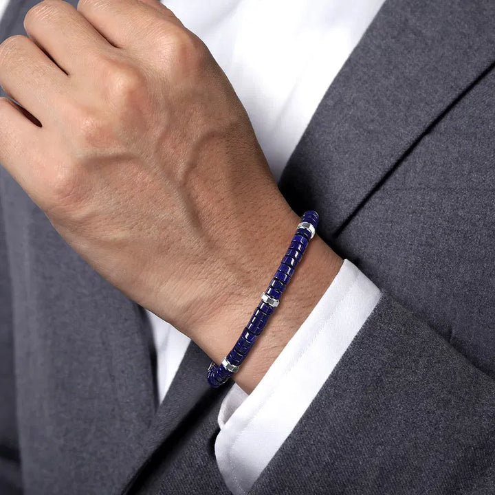 925 Sterling Silver Cylinder Lapis Beaded Bracelet