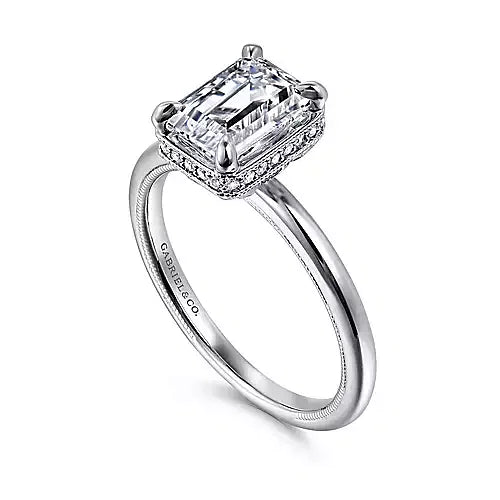 White Gold Emerald Cut Halo Diamond Engagement Ring