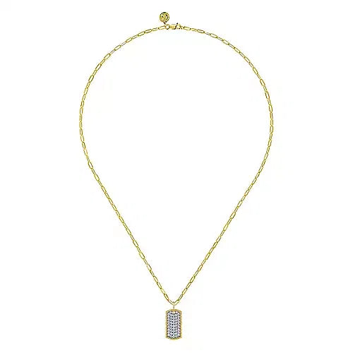Yellow Gold Diamond Pave Dog Tag Pendant Hollow Chain Necklace