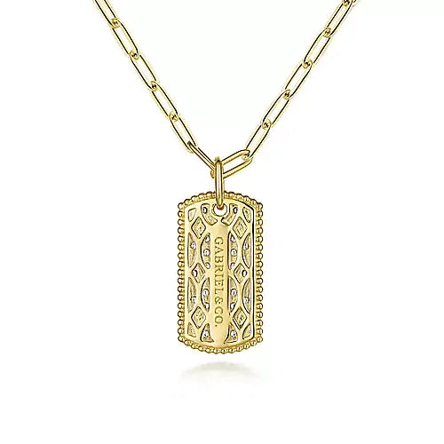 Yellow Gold Diamond Pave Dog Tag Pendant Hollow Chain Necklace