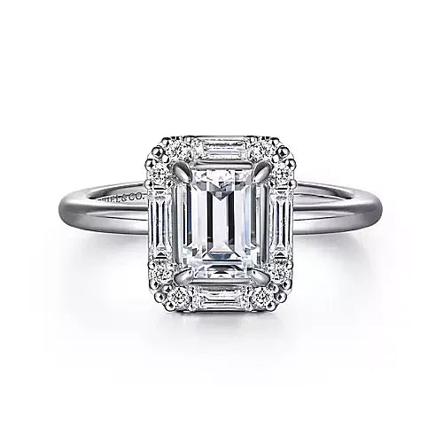 White Gold Halo Emerald Cut Diamond Engagement Ring