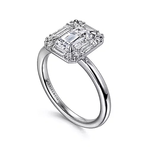 White Gold Halo Emerald Cut Diamond Engagement Ring