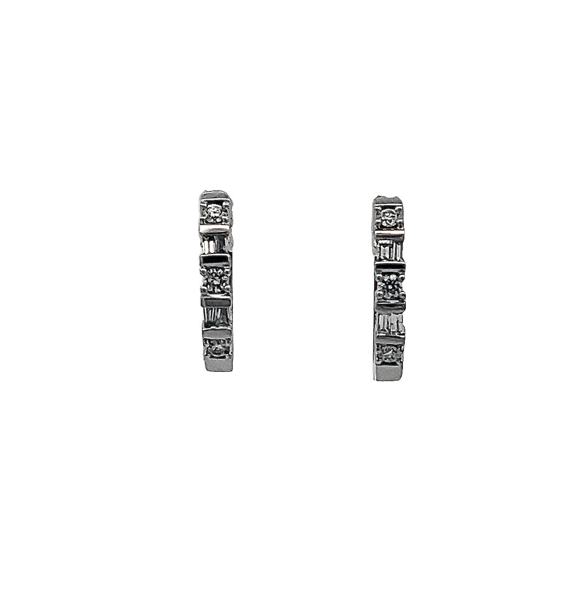 14K White Gold .50ct Round and Baguette Diamond Huggie Earrings