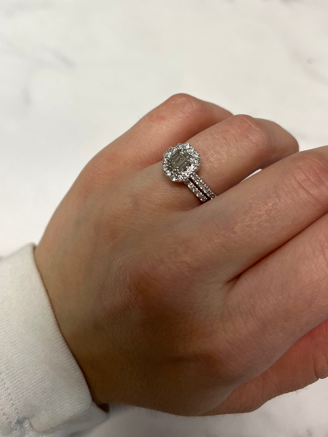 White Gold 1.07ct Emerald Cluster Engagement set with Diamond Band