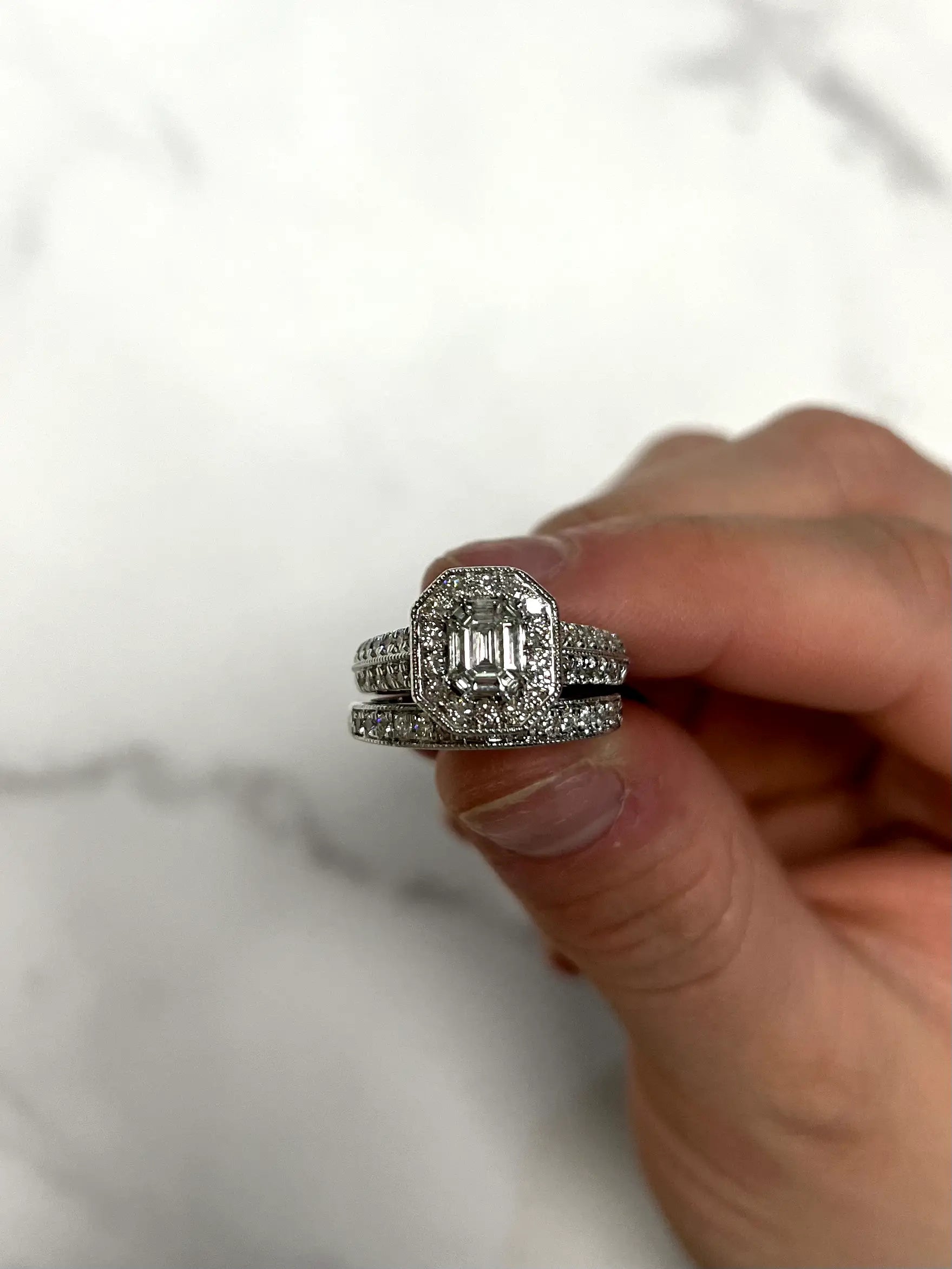 White Gold 1.03ct Asscher Cluster Engagement with Diamond Band