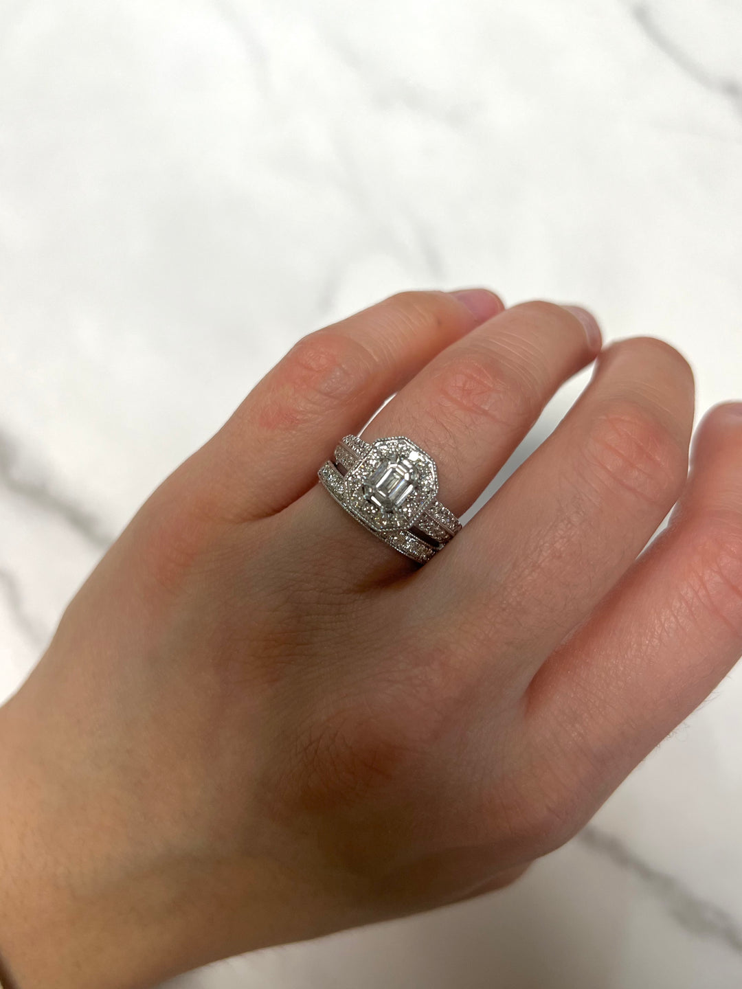 White Gold 1.03ct Asscher Cluster Engagement with Diamond Band