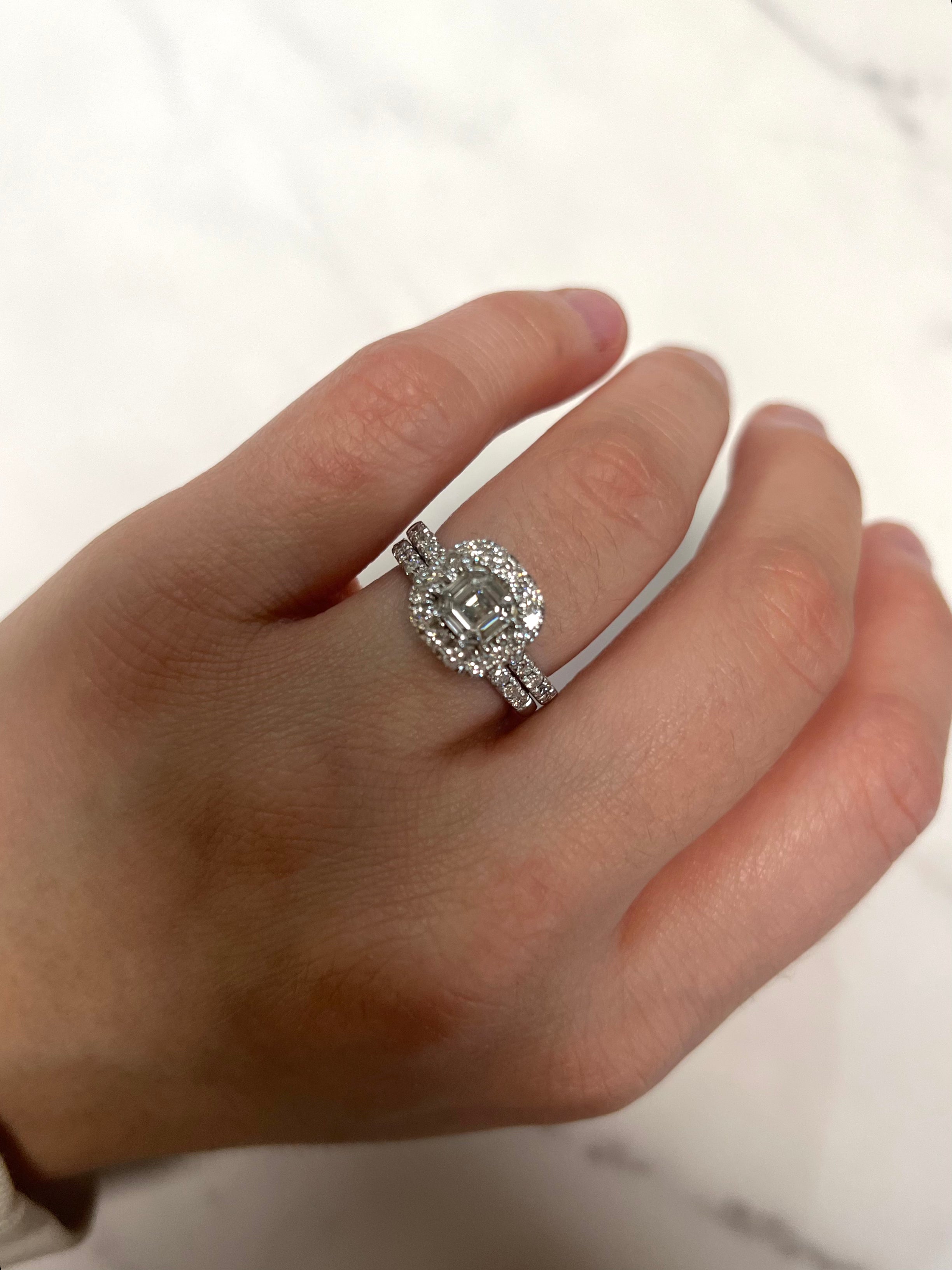 White Gold 1.32ct Asscher Cluster Engagement with Diamond Band
