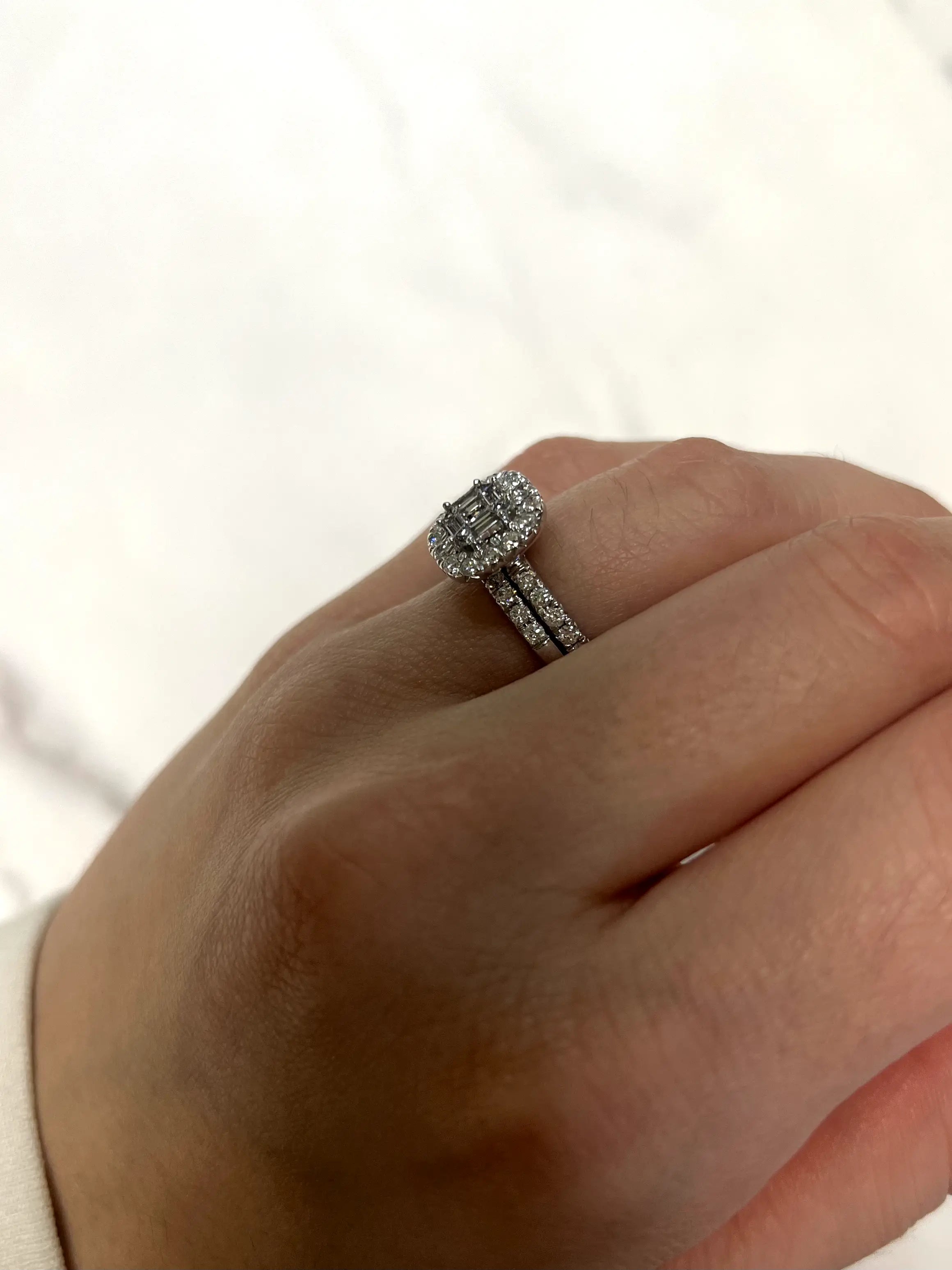 White Gold 1.32ct Asscher Cluster Engagement with Diamond Band