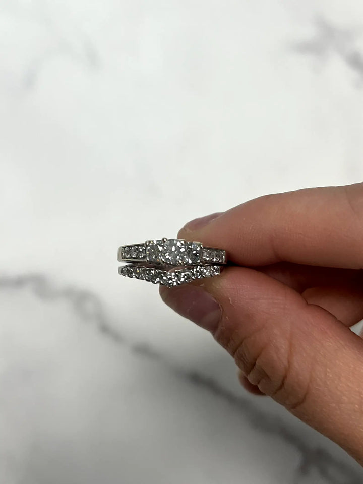 White Gold 1.00ct Round 3 Stone Engagement Set with Diamond Curved Band