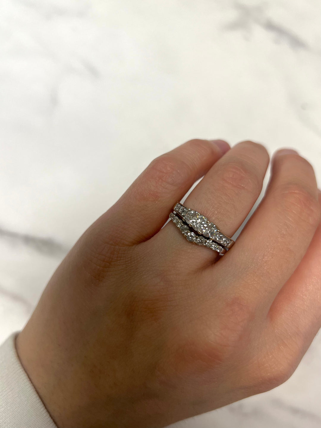 White Gold 1.00ct Round 3 Stone Engagement Set with Diamond Curved Band