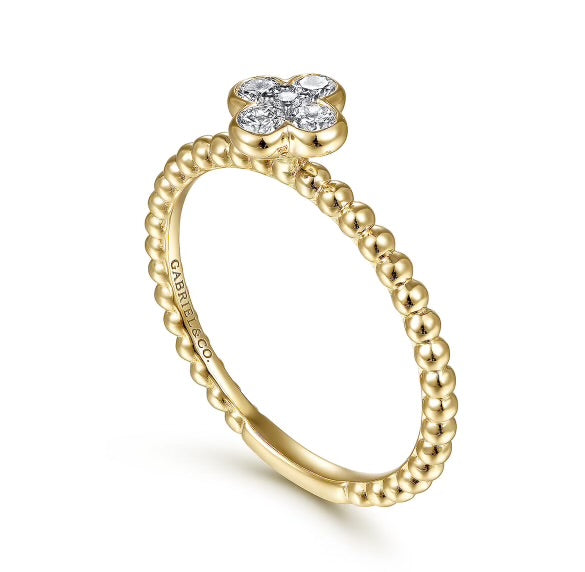 Yellow Gold Diamond Cluster Clover Bujukan Bead Ring