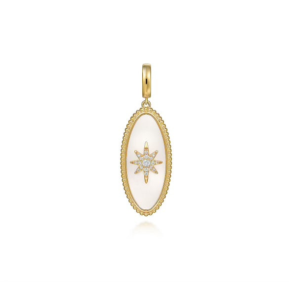 Yellow Gold Diamond White Mother of Pearl Bujukan Oval Medallion Pendant
