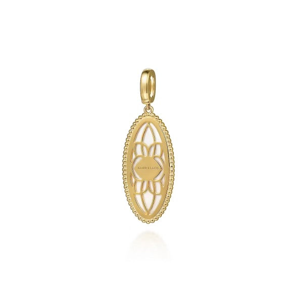 Yellow Gold Diamond White Mother of Pearl Bujukan Oval Medallion Pendant