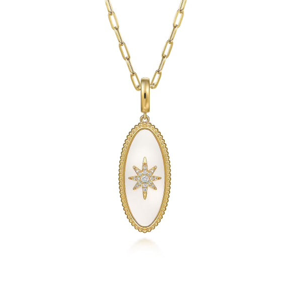 Yellow Gold Diamond White Mother of Pearl Bujukan Oval Medallion Pendant