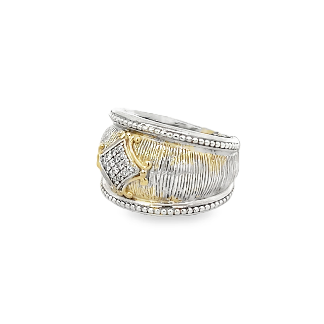 14K Yellow Gold And Silver Round Cut Diamond Cluster Ring