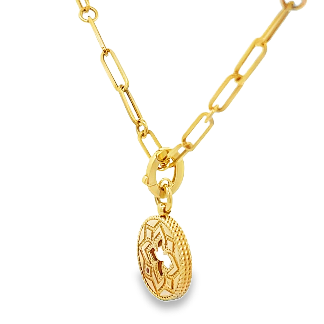 18K Yellow Gold Round Cut Diamond Small Venetian Princess Medallion w/ Cut-Out Link Chain