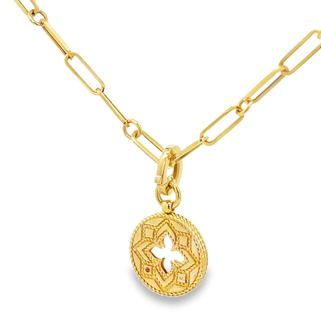 18K Yellow Gold Round Cut Diamond Small Venetian Princess Medallion w/ Cut-Out Link Chain