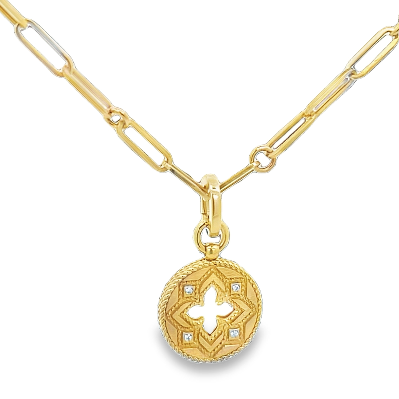 18K Yellow Gold Round Cut Diamond Small Venetian Princess Medallion w/ Cut-Out Link Chain