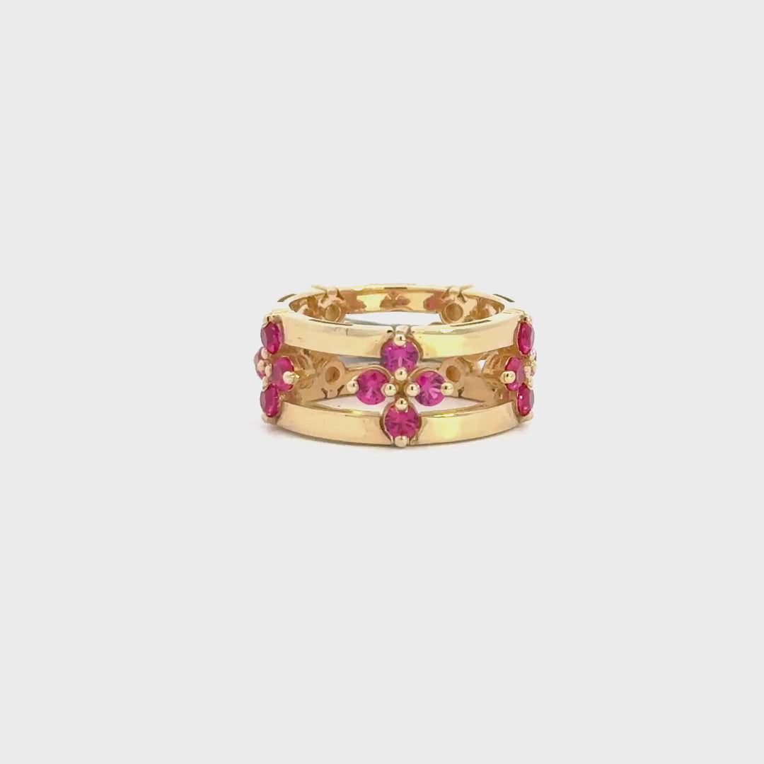 Double-Band Yellow Gold Ruby Floral Motif Ring