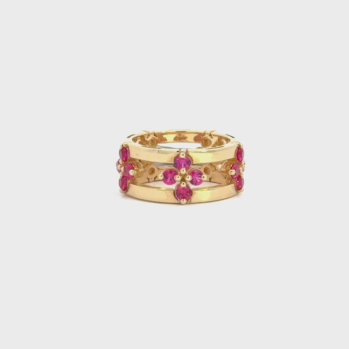 Double-Band Yellow Gold Ruby Floral Motif Ring