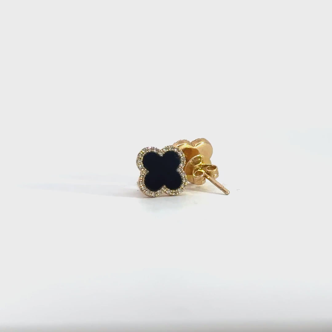 Onyx Clover Halo Stud Earrings in Yellow Gold