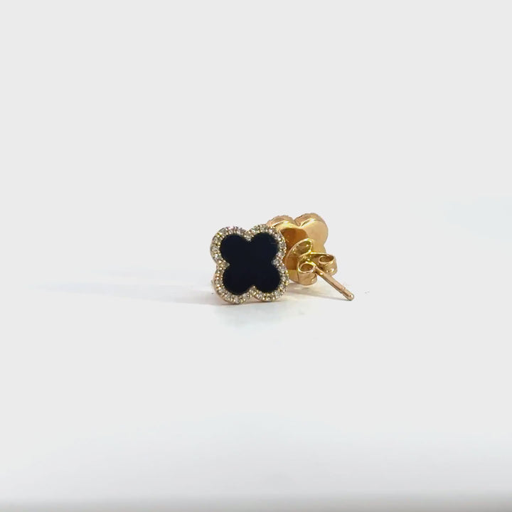 Onyx Clover Halo Stud Earrings in Yellow Gold