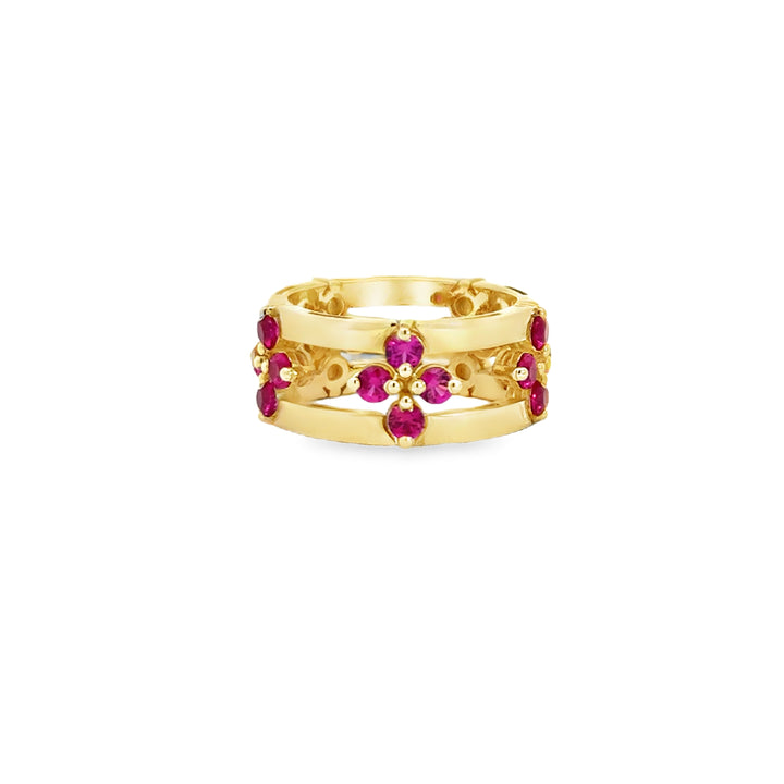 Double-Band Yellow Gold Ruby Floral Motif Ring