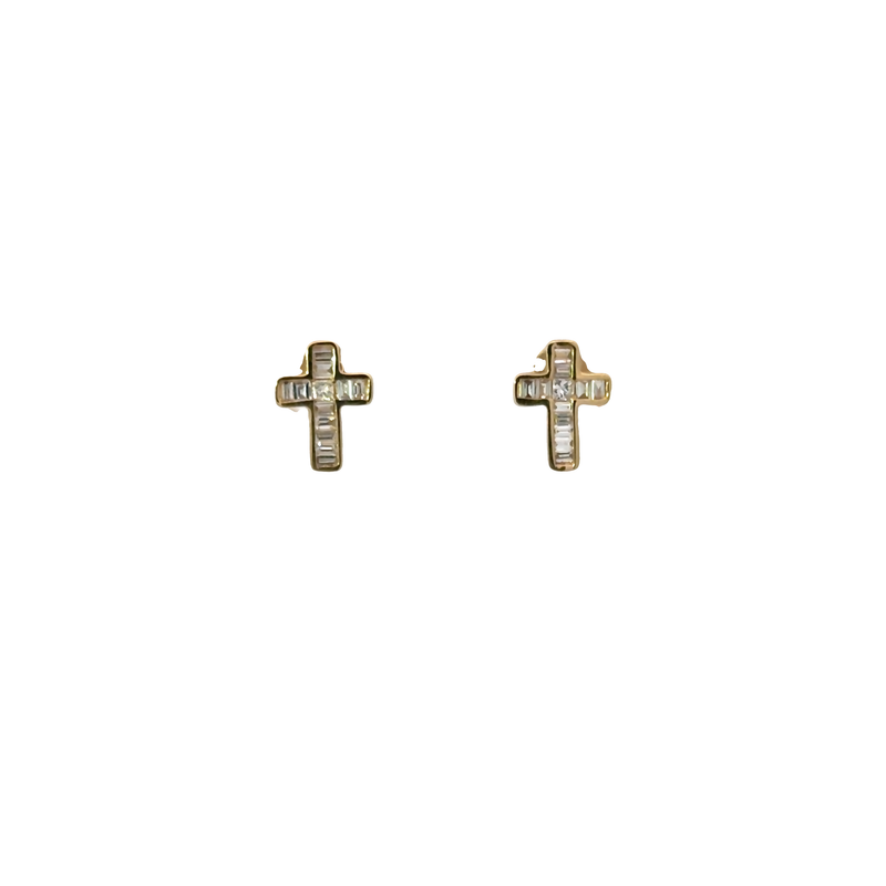14K Yellow Gold Diamond Cross Stud Earrings