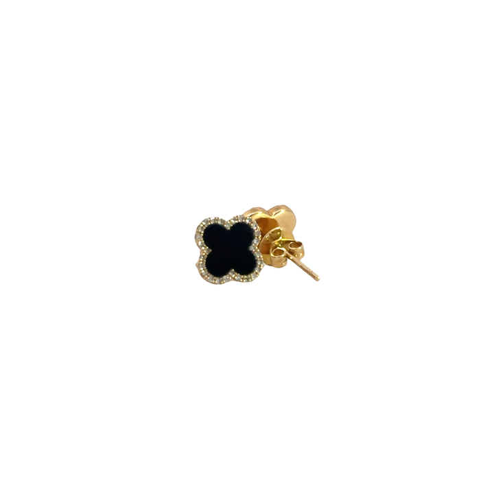 Onyx Clover Halo Stud Earrings in Yellow Gold