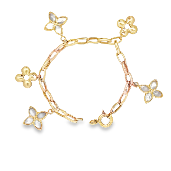 Yellow Gold Floral Pearl Charm Bracelet