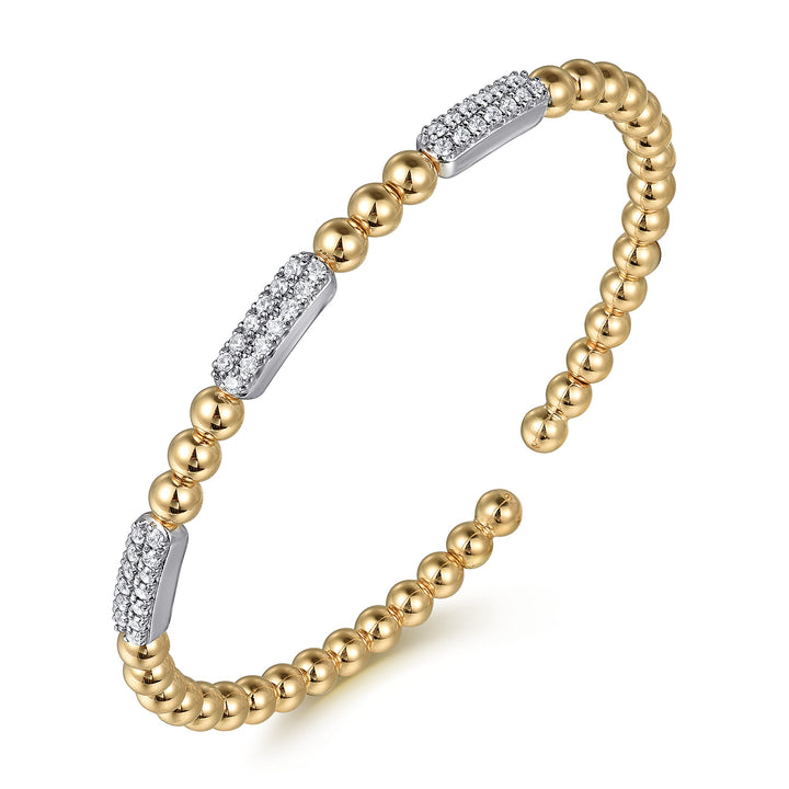 Bujukan 14K Two-Tone Gold Diamond Pavé Bar Beaded Split Bangle Bracelet