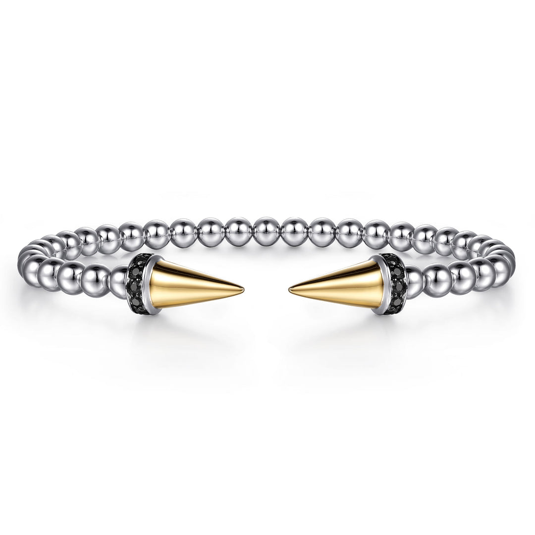 14K Gold & Sterling Silver Black Spinel Punk Bangle Bracelet
