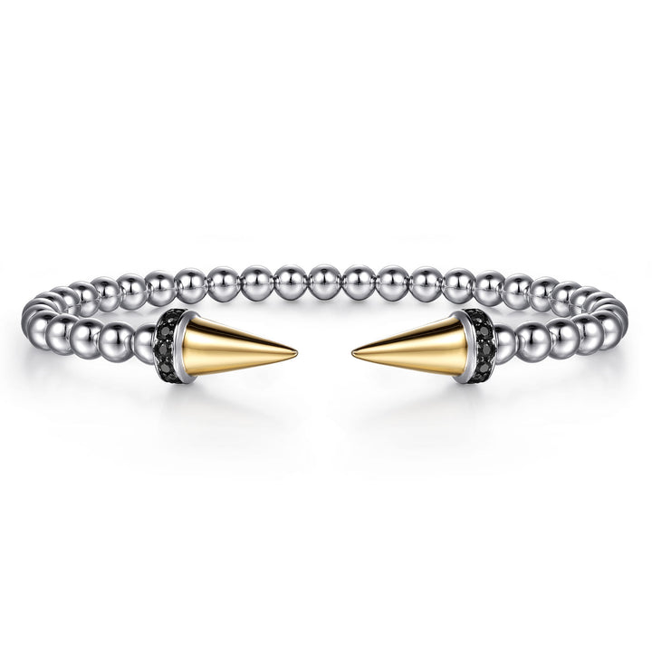 14K Gold & Sterling Silver Black Spinel Punk Bangle Bracelet