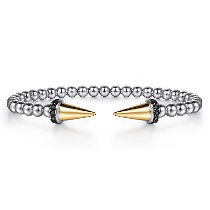 14K Gold & Sterling Silver Black Spinel Punk Bangle Bracelet