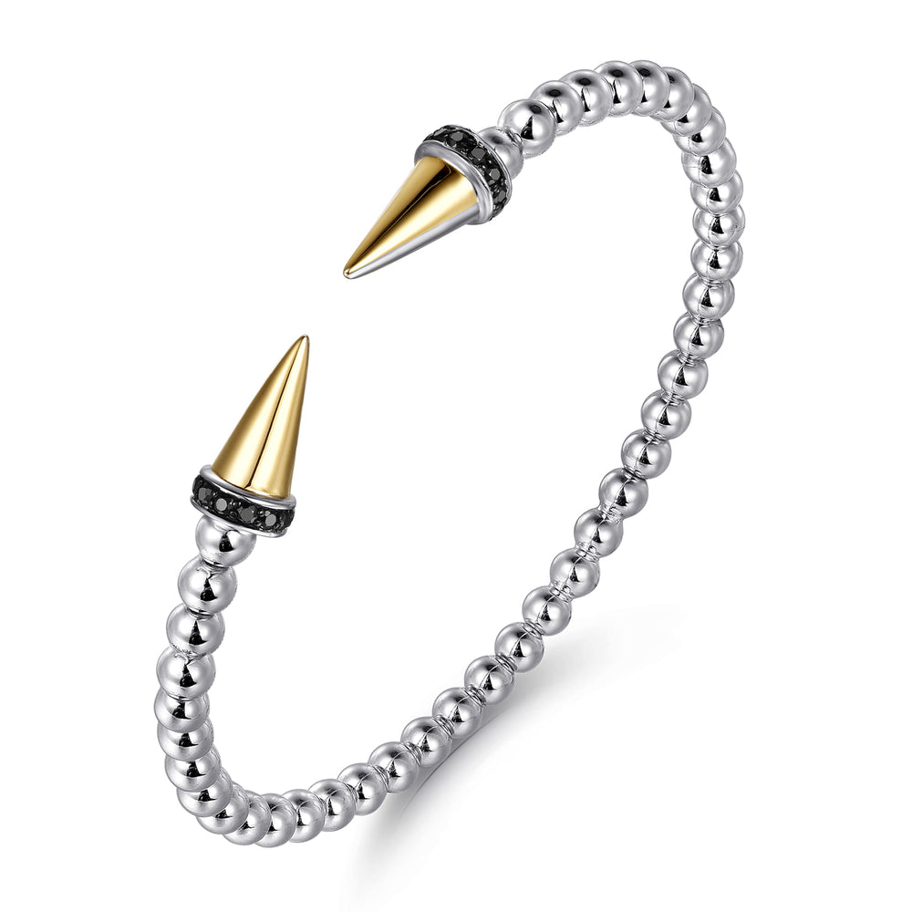 14K Gold & Sterling Silver Black Spinel Punk Bangle Bracelet