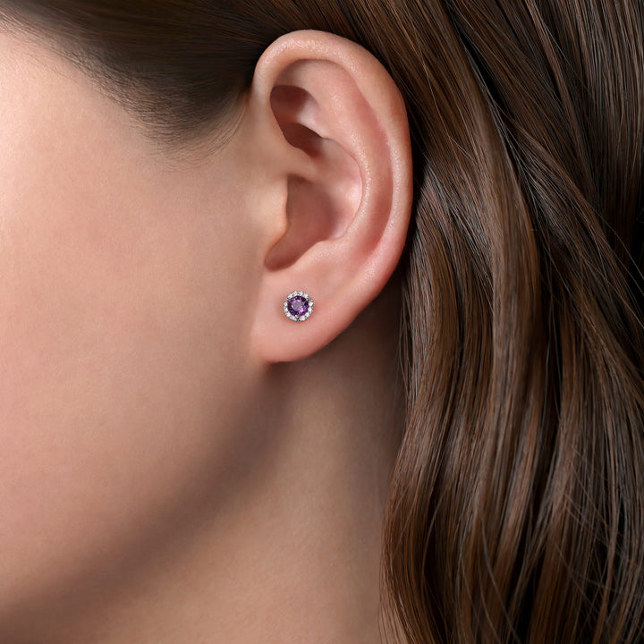 Gaby 14K White Gold Amethyst Halo Stud Earrings