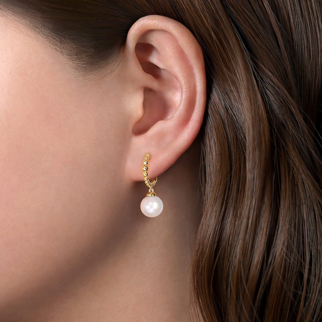Bujukan 14K Yellow Gold Pearl Drop Huggie Earrings