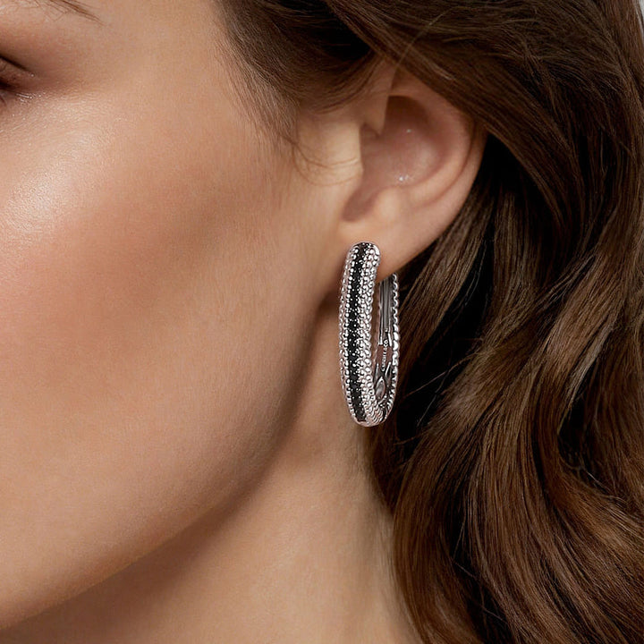 Sterling Silver Black Spinel Hoop Earrings