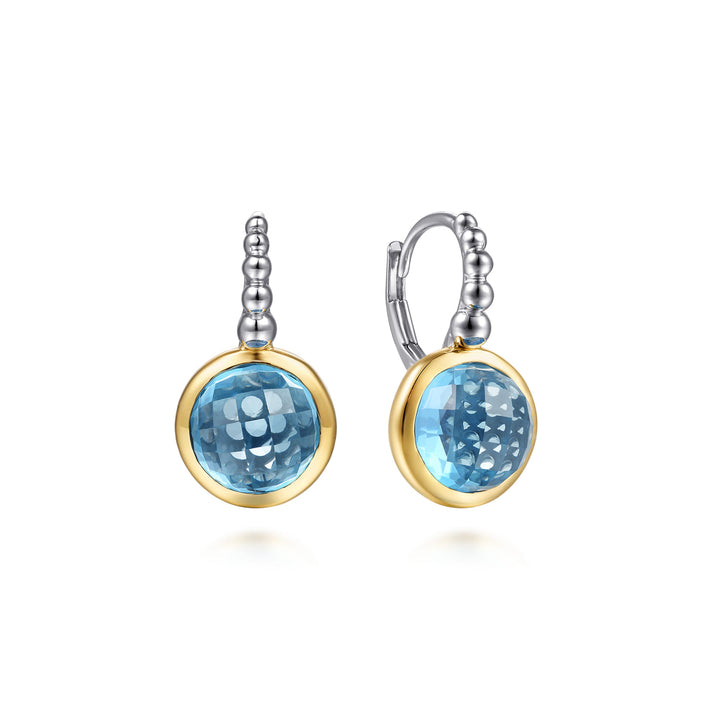 14K Gold & Sterling Silver Blue Topaz Round Earrings
