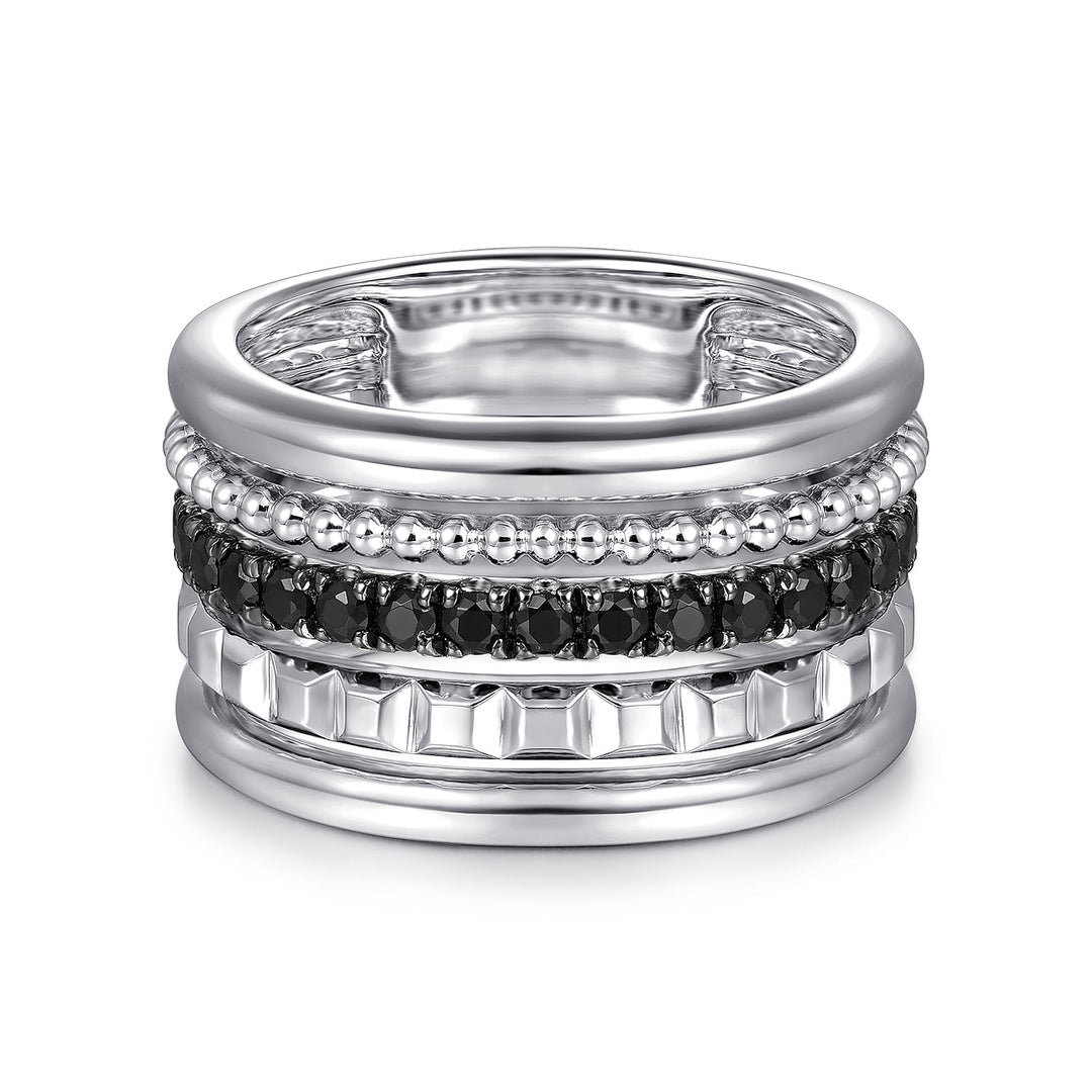 Sterling Silver Black Spinel Pyramid Multi Row Stackable Ring