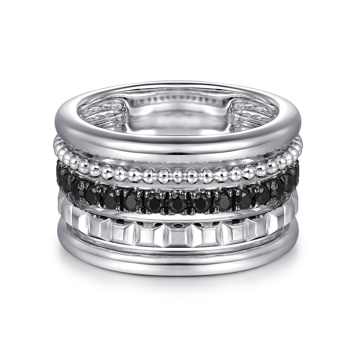 Sterling Silver Black Spinel Pyramid Multi Row Stackable Ring