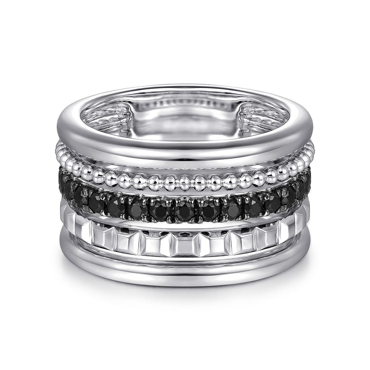 Sterling Silver Black Spinel Pyramid Multi Row Stackable Ring