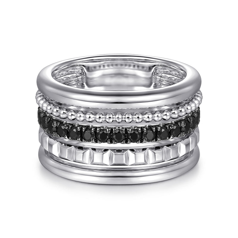 Sterling Silver Black Spinel Pyramid Multi Row Stackable Ring