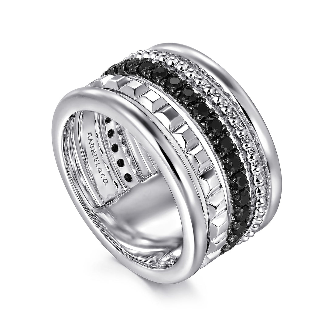 Sterling Silver Black Spinel Pyramid Multi Row Stackable Ring