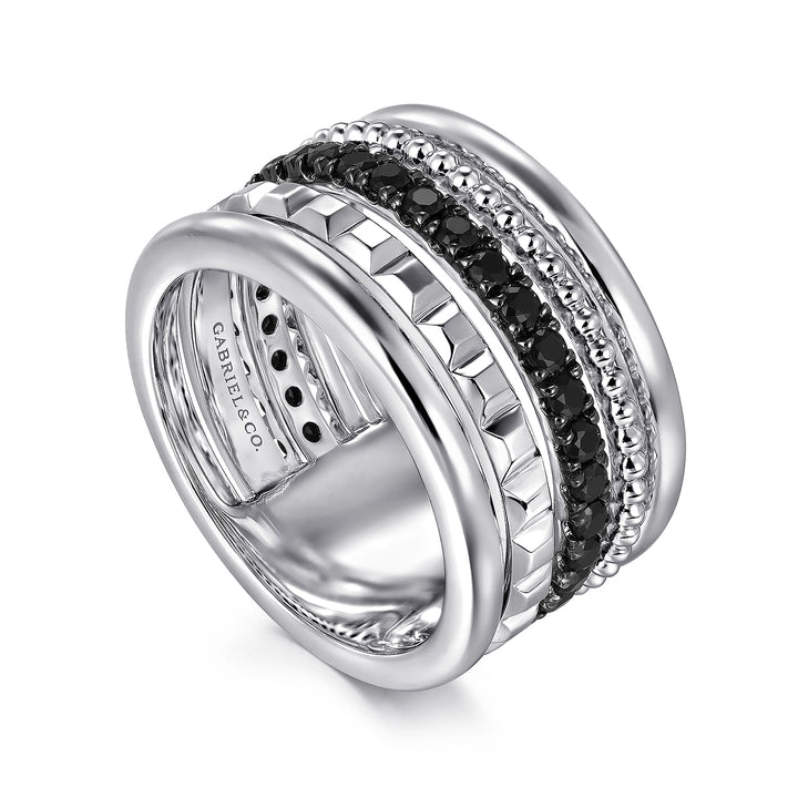 Sterling Silver Black Spinel Pyramid Multi Row Stackable Ring
