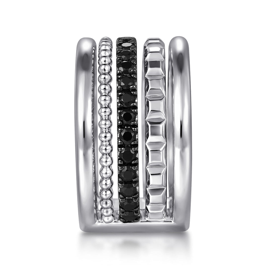 Sterling Silver Black Spinel Pyramid Multi Row Stackable Ring